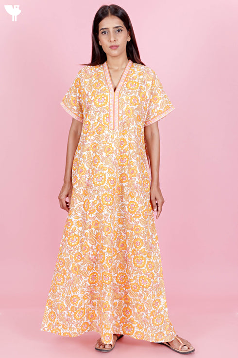 60’s Cotton Short Sleeve Kaftan In Floral Print