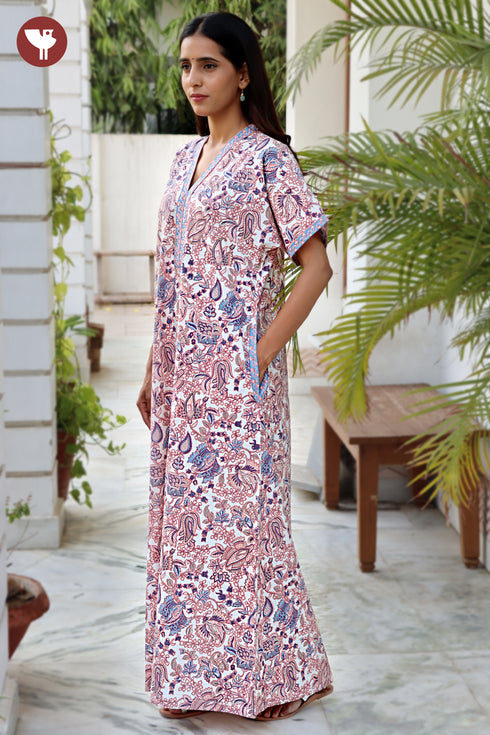 60’s Cotton V-neck Kaftan In Floral Print