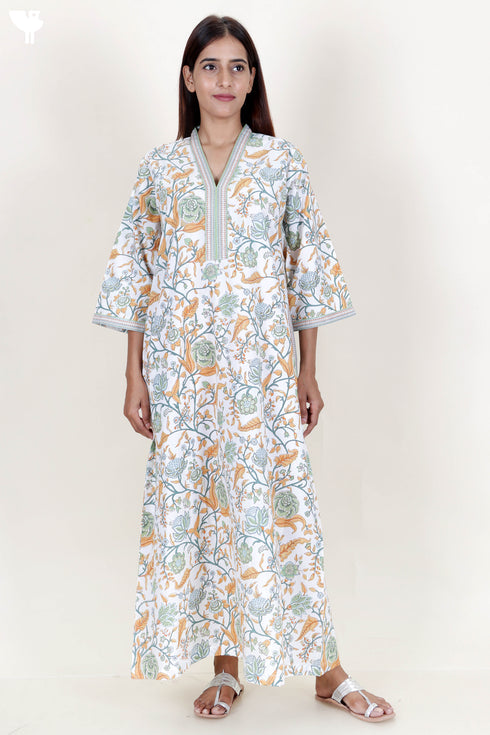 60’s Cotton Full Sleeved Kaftan In Floral Print