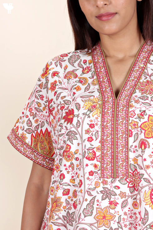 60’s Cotton V-neck Kaftan In Floral Print