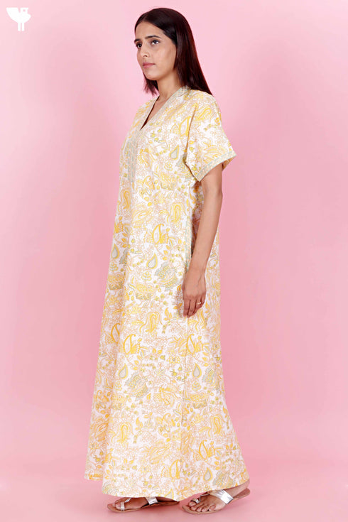 60’s Cotton V-neck Kaftan In Floral Print