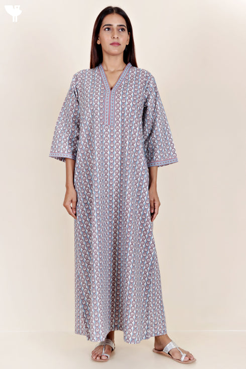 60’s Cotton Full Sleeved Kaftan In Graphic Print