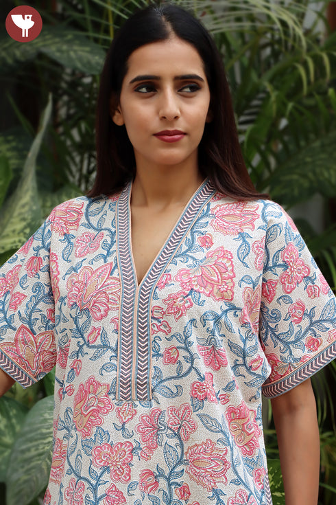 60’s Cotton Full Sleeved Kaftan In Floral Print
