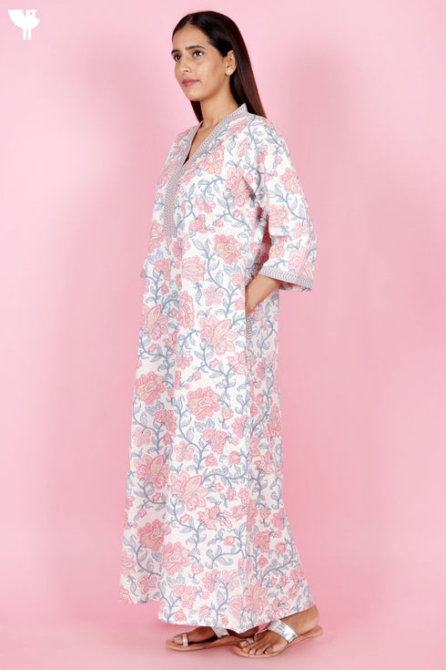 60’s Cotton Full Sleeved Kaftan In Floral Print