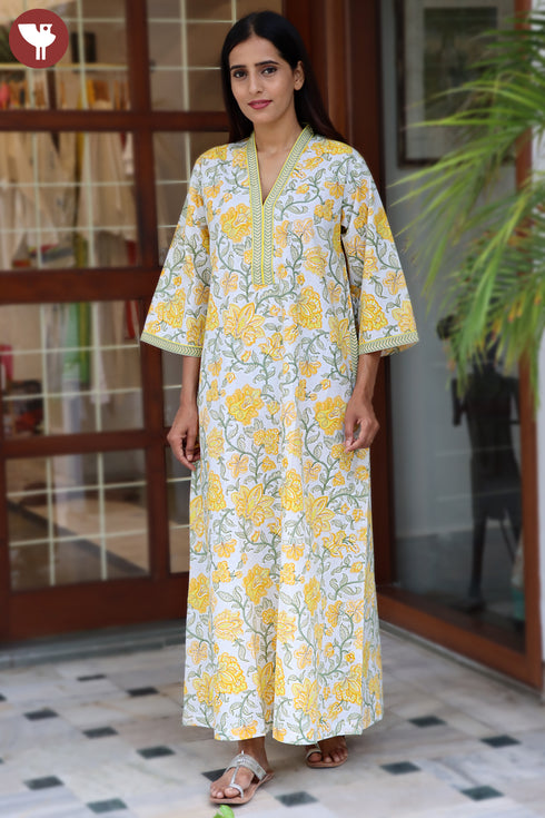 60’s Cotton Full Sleeved Kaftan In Floral Print