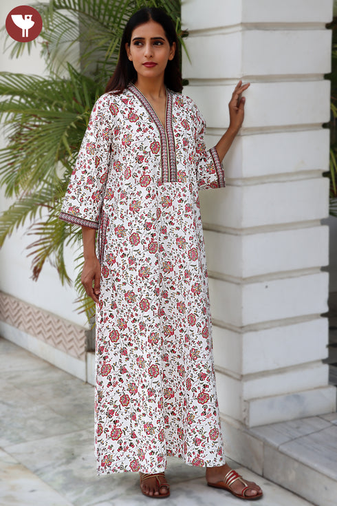 60’s Cotton Full Sleeved Kaftan In Floral Print