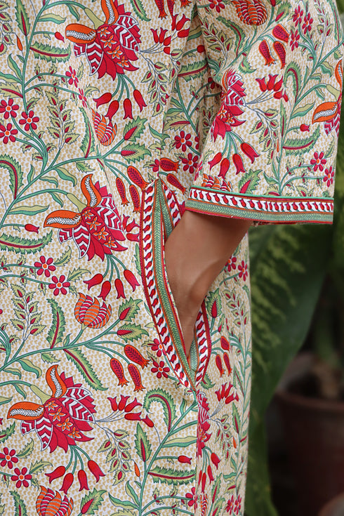 60’s Cotton V-Neck Full Sleeve Kaftan In Floral Print