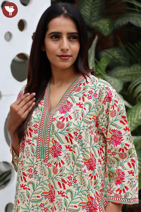 60’s Cotton V-Neck Full Sleeve Kaftan In Floral Print