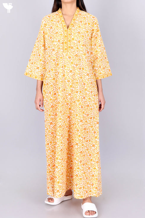 60’s Cotton V-Neck Full Sleeved Kaftan In Floral Print