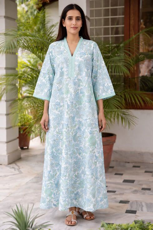 60’s Cotton Full Sleeved Kaftan In Block Print