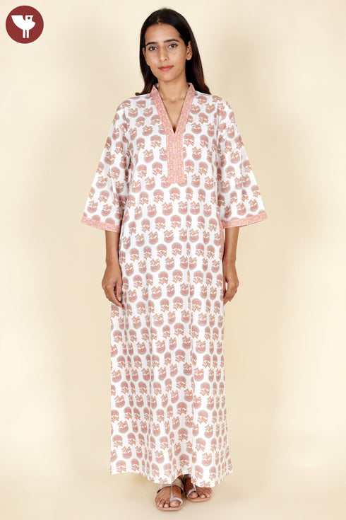 60’s Cotton V-Neck Full Sleeve Kaftan In Floral Print