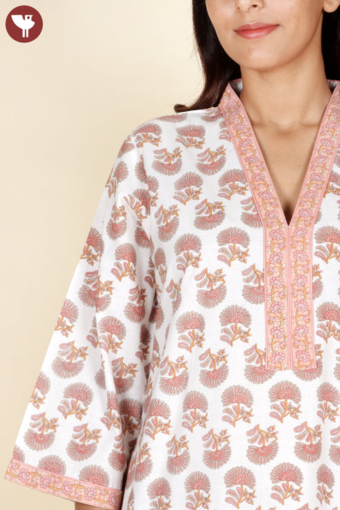 60’s Cotton V-Neck Full Sleeve Kaftan In Floral Print