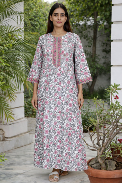 60’s Cotton Zipper Kaftan Full Sleeved In Floral Print
