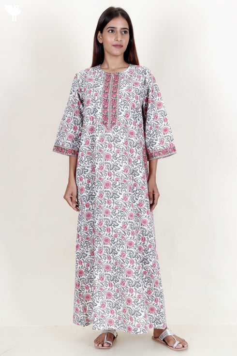 60’s Cotton Zipper Kaftan Full Sleeved In Floral Print