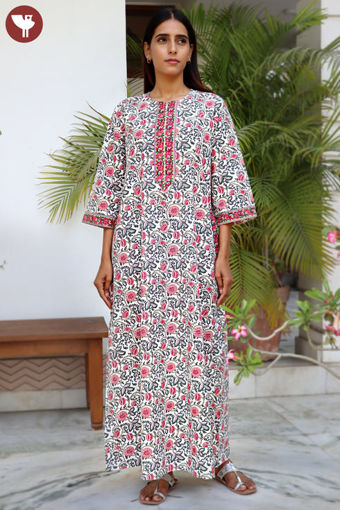 60’s Cotton Zipper Kaftan Full Sleeved In Floral Print