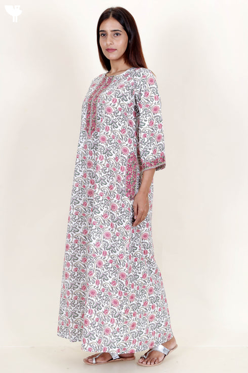 60’s Cotton Zipper Kaftan Full Sleeved In Floral Print