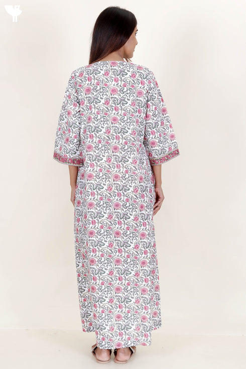 60’s Cotton Zipper Kaftan Full Sleeved In Floral Print