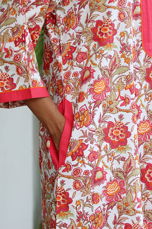 60s Cotton Zipper Front Kaftan In Floral Print
