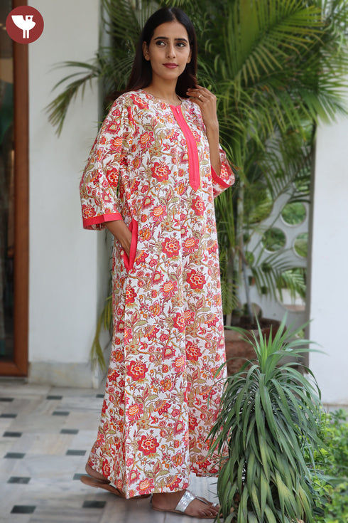 60s Cotton Zipper Front Kaftan In Floral Print