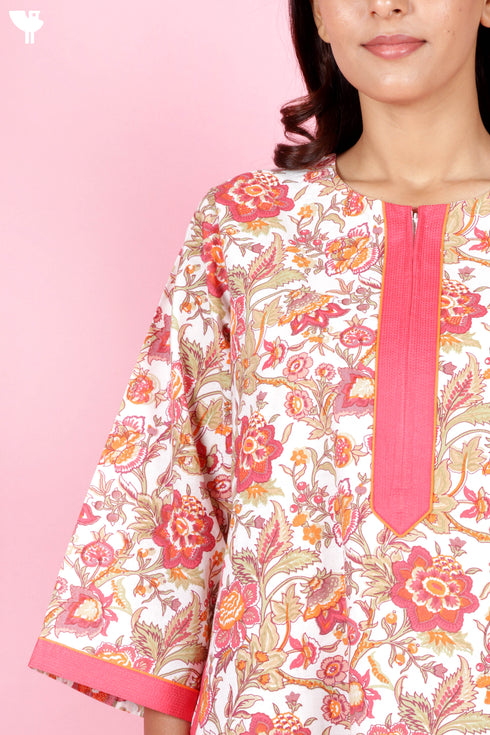 60s Cotton Zipper Front Kaftan In Floral Print