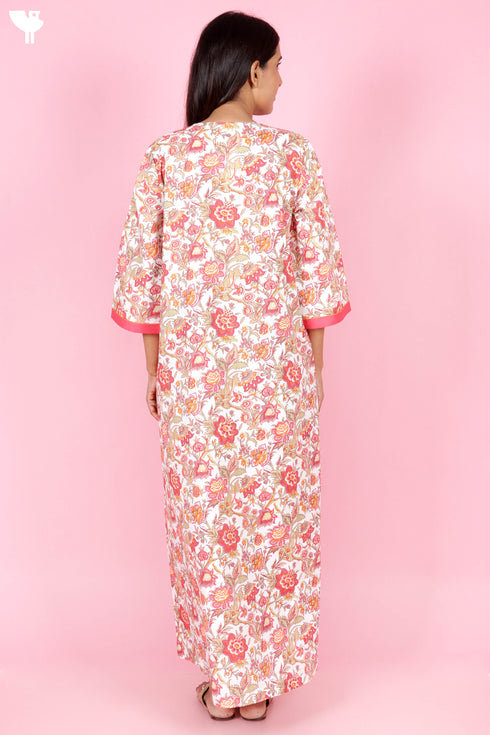 60s Cotton Zipper Front Kaftan In Floral Print