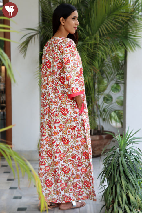 60s Cotton Zipper Front Kaftan In Floral Print