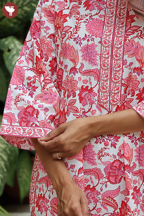 60s Cotton Zipper Front Kaftan In Floral Print