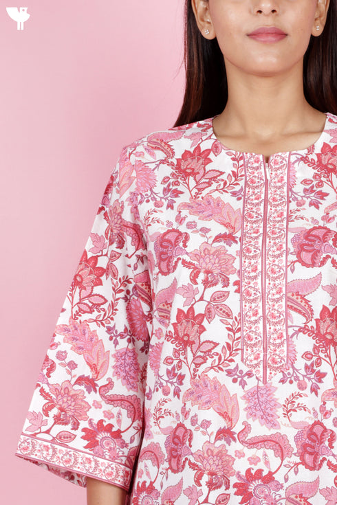 60s Cotton Zipper Front Kaftan In Floral Print