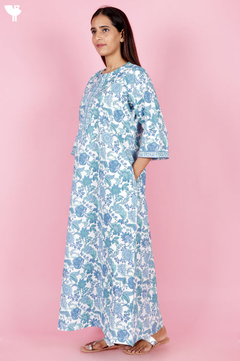 60s Cotton Zipper Front Kaftan In Floral Print