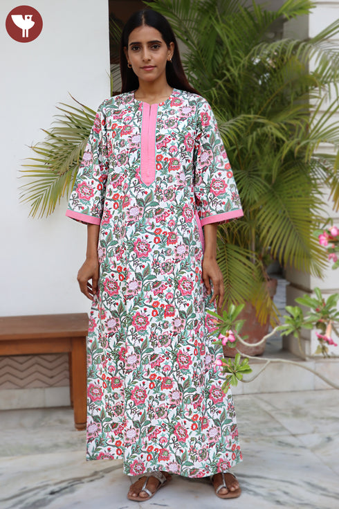 60’s Cotton Zipper Kaftan In Floral Print