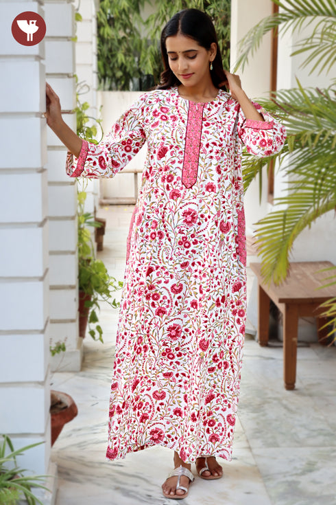 60’s Cotton Full Sleeved Kaftan In Floral Print