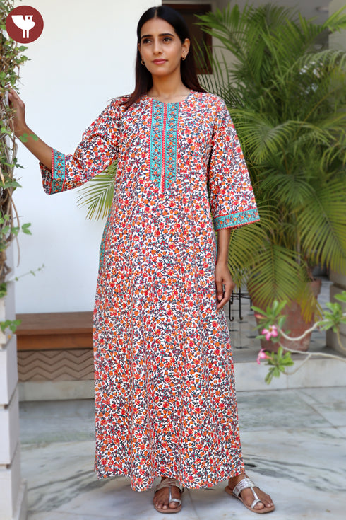 60s Cotton Zipper Front Kaftan In Floral Print