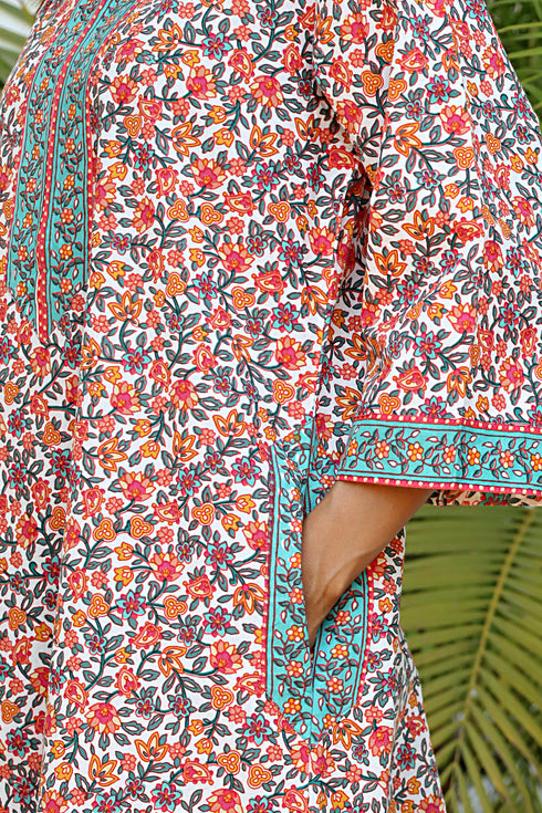 60s Cotton Zipper Front Kaftan In Floral Print