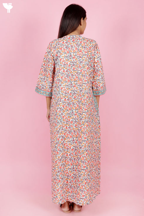 60s Cotton Zipper Front Kaftan In Floral Print