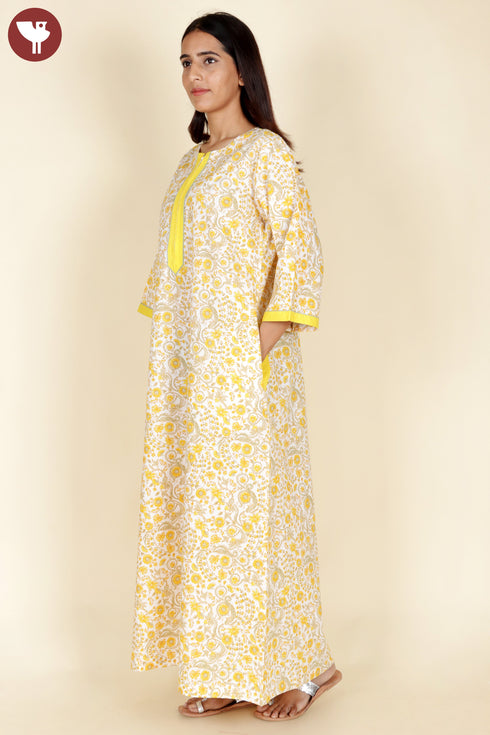 60’s Cotton Full Sleeve Zipper Kaftan In Floral Print