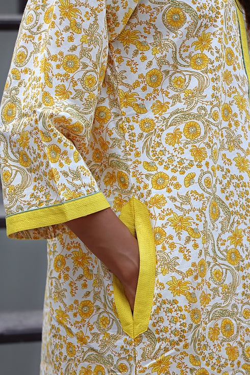 60’s Cotton Full Sleeve Zipper Kaftan In Floral Print