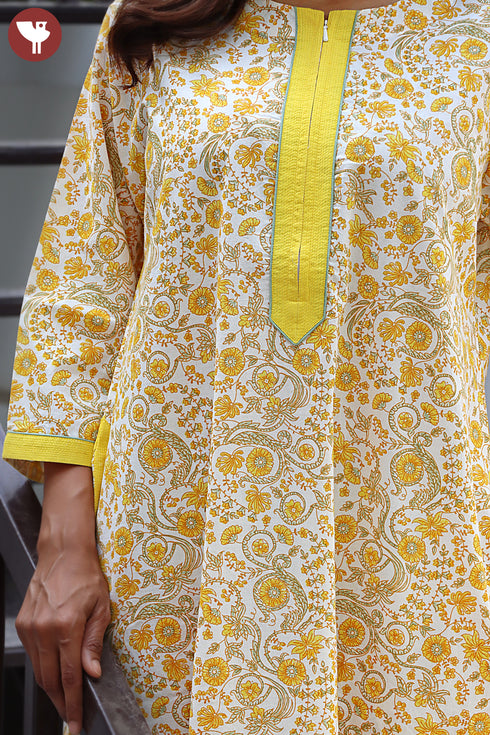 60’s Cotton Full Sleeve Zipper Kaftan In Floral Print