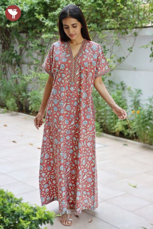 60’s Cotton V-neck Kaftan In Floral Print