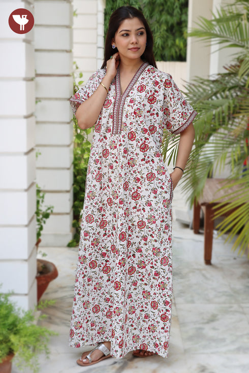 60’s Cotton V-neck Kaftan In Floral Print