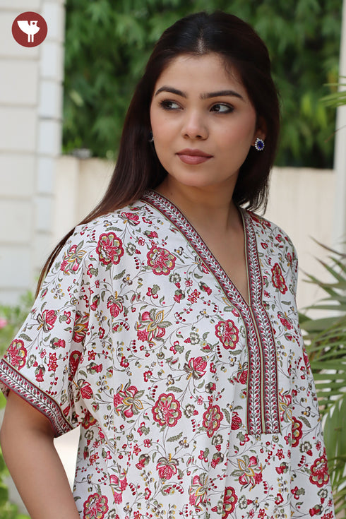 60’s Cotton V-neck Kaftan In Floral Print
