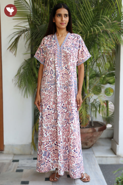 60’s Cotton V-neck Kaftan In Floral Print