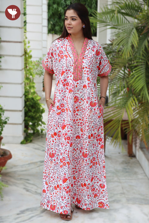60’s Cotton V-neck Kaftan In Floral Print