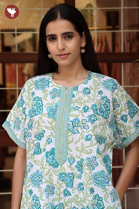 60s Cotton Kaftan In Floral Block Print