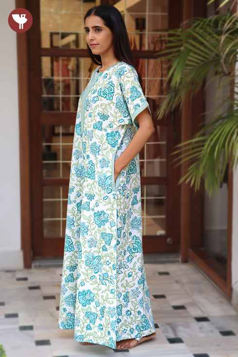 60s Cotton Kaftan In Floral Block Print