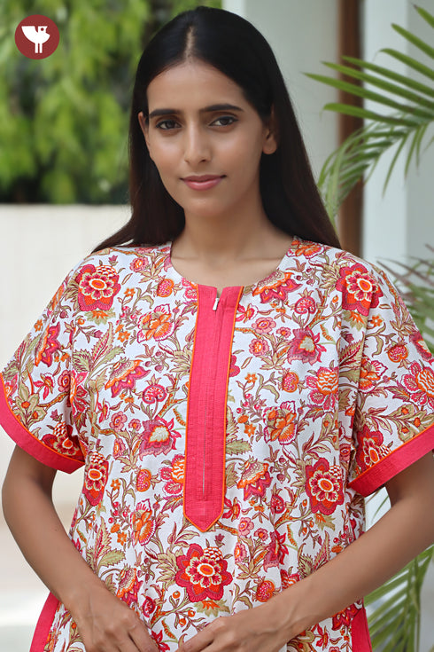 60’s Cotton Zipper Kaftan In Floral Print