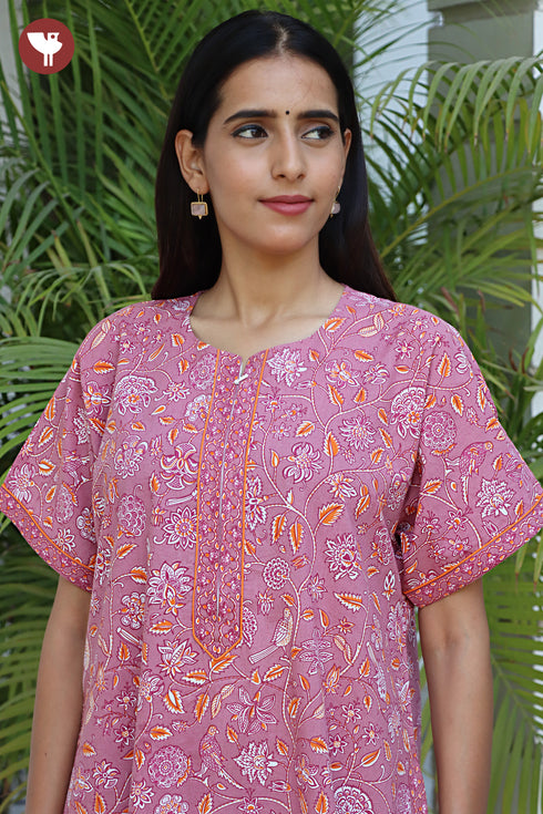 60’s Cotton Half Sleeved Zipper Kaftan in Floral Print