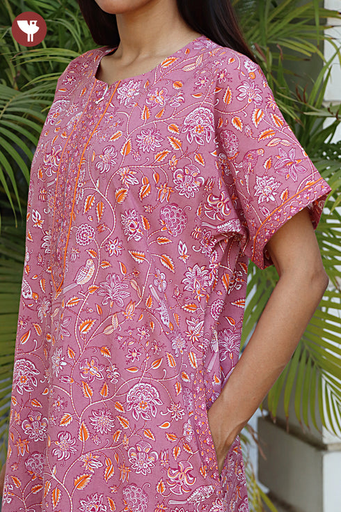 60’s Cotton Half Sleeved Zipper Kaftan in Floral Print