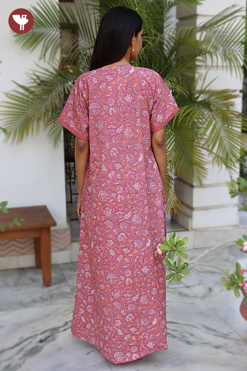 60’s Cotton Half Sleeved Zipper Kaftan in Floral Print