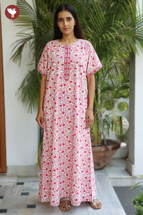 60’s Cotton Short Sleeve Zipper Kaftan In Floral Print