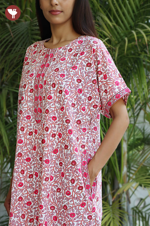 60’s Cotton Short Sleeve Zipper Kaftan In Floral Print